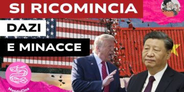 Due container, uno americano e uno cinese, collidono. In primo piano Donald Trump e Xi Jinping