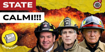 Incendio. Marco Rubio, Scott Bessent e Donald Trump vestiti da pompieri in primo piano