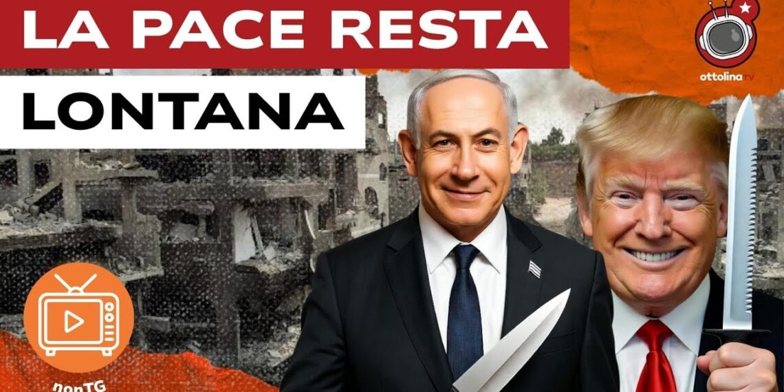 Macerie di Gaza. Benjamin Netanhyau e Donald Trump brandiscono coltelli in primo piano