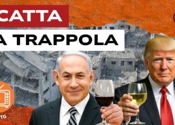 Macerie di Gaza. Benjamin Netanhyau e Donald Trump brindano in primo piano