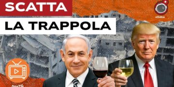 Macerie di Gaza. Benjamin Netanhyau e Donald Trump brindano in primo piano