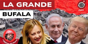 Macerie di Gaza. Giorgia Meloni, Banjamin Netanhyau e Donald Trump in primo piano