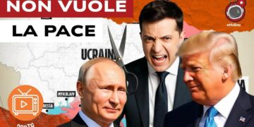 Mappa dell'Ucraina con una forbice. Vladimir Putin, Volodymyr Zelensky e Donald Trump in primo piano