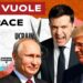 Mappa dell'Ucraina con una forbice. Vladimir Putin, Volodymyr Zelensky e Donald Trump in primo piano