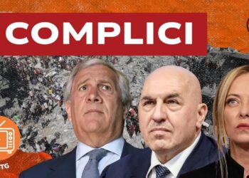 Panorama di Gaza distrutta. Antonio Tajani, Guido Crosetto e Giorgia Meloni in primo piano
