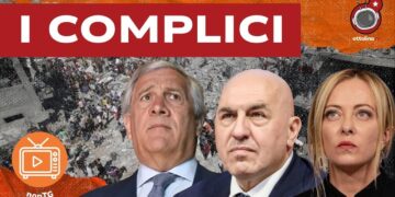 Panorama di Gaza distrutta. Antonio Tajani, Guido Crosetto e Giorgia Meloni in primo piano
