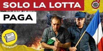 Scontri di piazza. Operaio triste italiano e operaio francese arrabbiato in primo piano