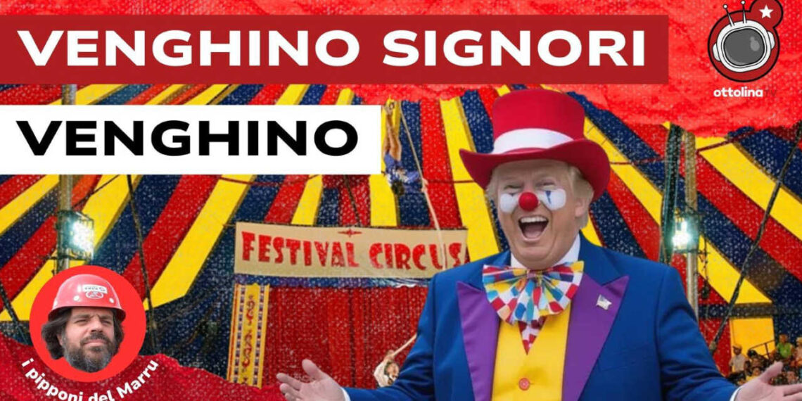 Tendone del circo. Donald Trump vestito da clown in primo piano
