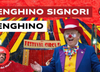 Tendone del circo. Donald Trump vestito da clown in primo piano