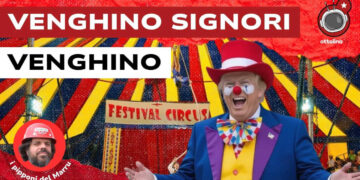 Tendone del circo. Donald Trump vestito da clown in primo piano