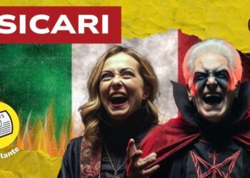 Bandiera italiana in fiamme. Giorgia Meloni e Sergio Mattarella vampiri in primo piano