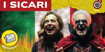 Bandiera italiana in fiamme. Giorgia Meloni e Sergio Mattarella vampiri in primo piano