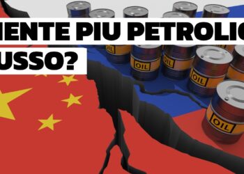 Bandiere cinese e russa separate da una frattura. Barili di petrolio sulla bandiera russa