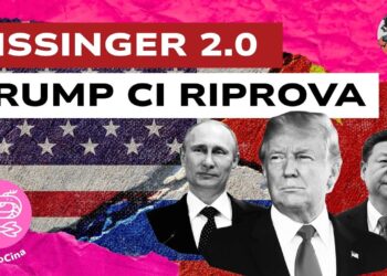 Bandiere degli USA e della Cina. Vladimir Putin, Donald Trump e Xi Jinping in primo piano