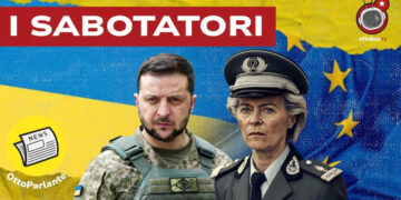 Bandiere dell'Ue e dell'Ucraina. Volodymyr Zelensky e Ursula von der Leyen in divisa militare e con le facce cattive in primo piano