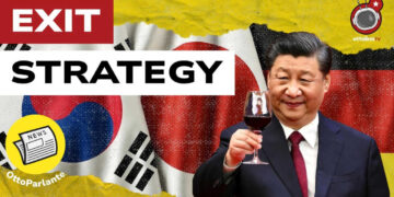 Bandiere della Corea del Sud, del Giappone e della Germania. Xi Jinping brinda in primo piano