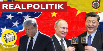 Bandiere statunitense e cinese. Donald Trump, Vladimir Putin e Xi Jinping in primo piano