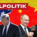 Bandiere statunitense e cinese. Donald Trump, Vladimir Putin e Xi Jinping in primo piano