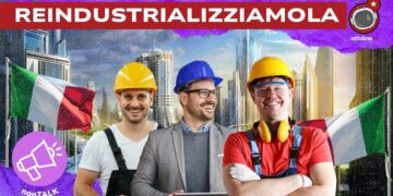 Città del futuro italiana. Tre operai felici in primo piano