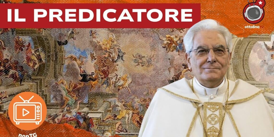 Dipinto del giudizio universale. Sergio Mattarella vestito da Papa in primo piano