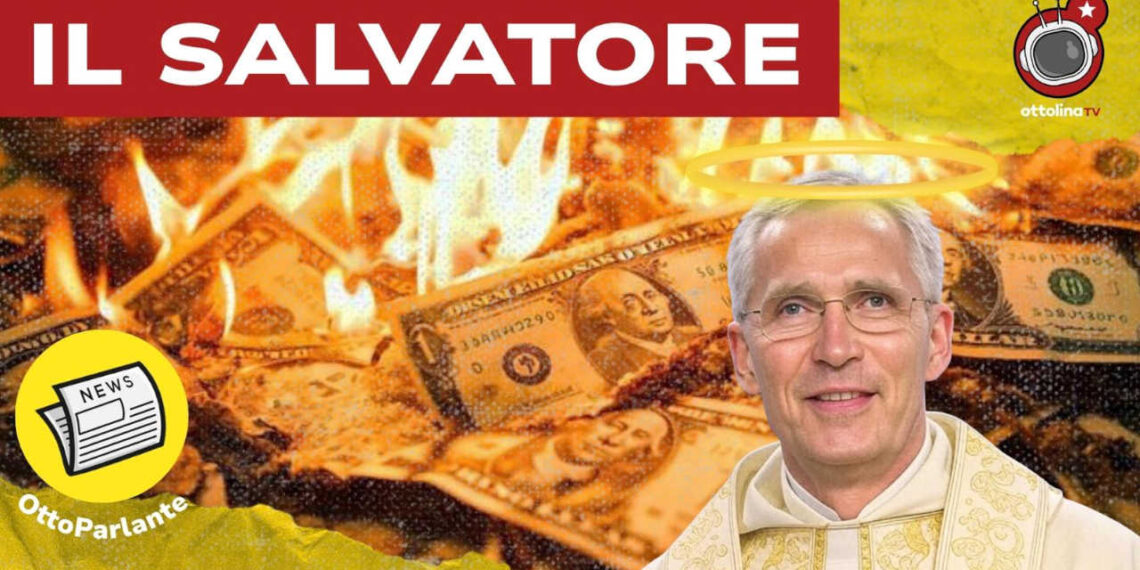 Dollari in fiamme. Jens Stoltemberg in primo piano vestito da Papa