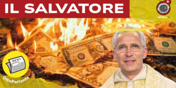 Dollari in fiamme. Jens Stoltemberg in primo piano vestito da Papa