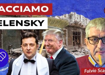 Edificio danneggiato da bombardamento. Volodymyr Zelensky, Donald Trump e Fulvio Scaglione in primo piano