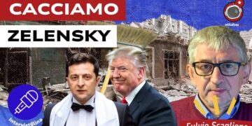 Edificio danneggiato da bombardamento. Volodymyr Zelensky, Donald Trump e Fulvio Scaglione in primo piano