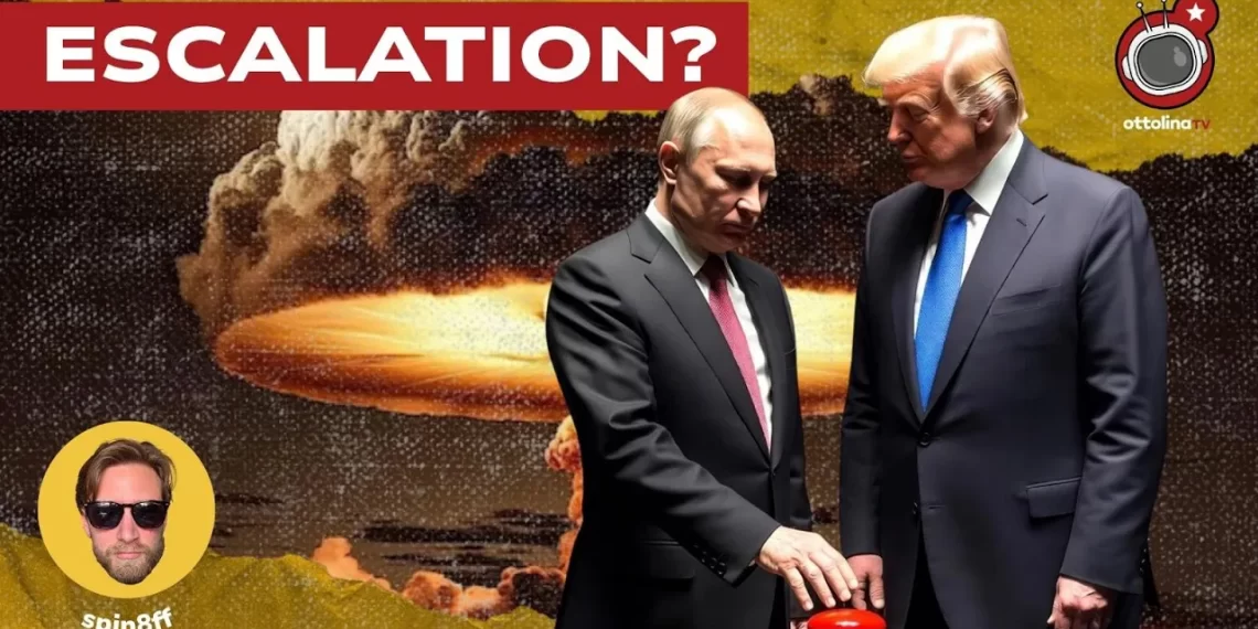 Esplosione nucleare. Vladimir Putin e Donald Trump davanti al pulsante rosso in primo piano