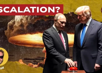 Esplosione nucleare. Vladimir Putin e Donald Trump davanti al pulsante rosso in primo piano