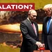 Esplosione nucleare. Vladimir Putin e Donald Trump davanti al pulsante rosso in primo piano