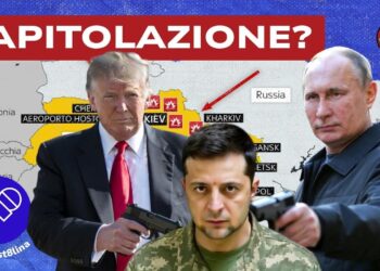 Mappa dell'Ucraina. Donald Trump e Vladimir Putin tengono sotto tiro Volodymyr Zelensky in primo piano