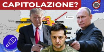 Mappa dell'Ucraina. Donald Trump e Vladimir Putin tengono sotto tiro Volodymyr Zelensky in primo piano
