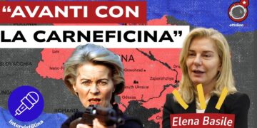 Mappa dell'Ucraina. Ursula von der Leyen con la pistola e Elena Basile in primo piano