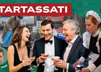 Persona che rovista fra i rifiuti. In primo piano tre persone ricche che brindano e Giorgia Meloni vestita da cameriera