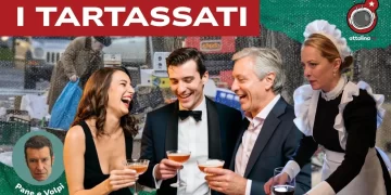 Persona che rovista fra i rifiuti. In primo piano tre persone ricche che brindano e Giorgia Meloni vestita da cameriera