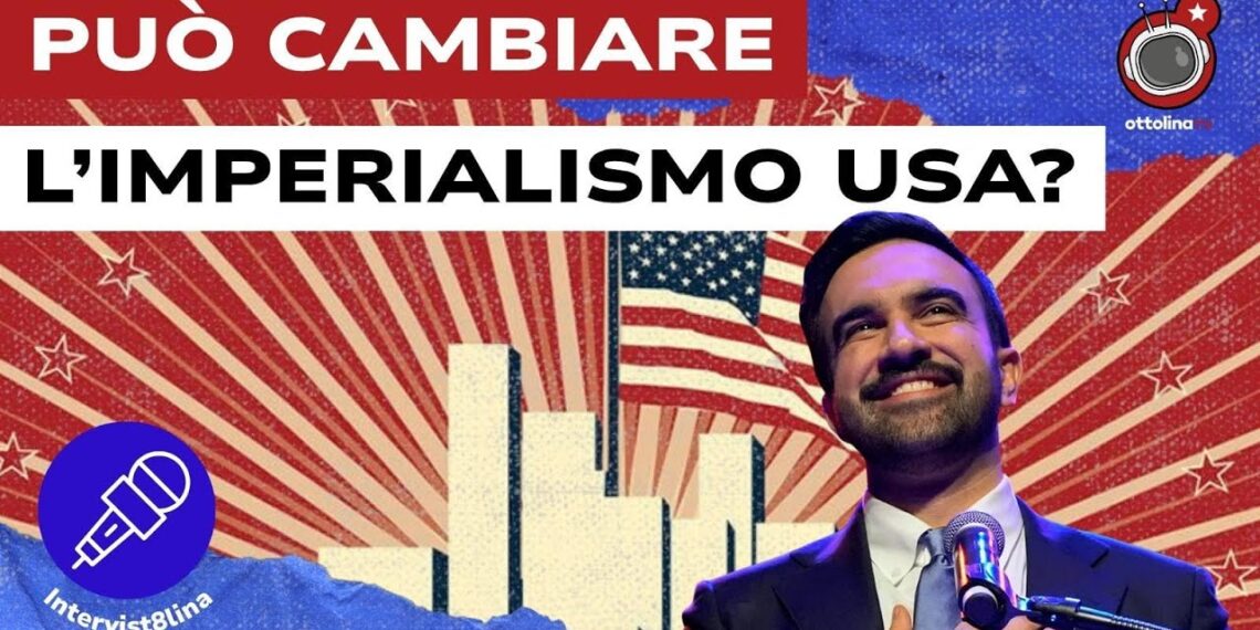 Profilo di New York con cielo a stelle e strisce. Zohran Mamdani in primo piano