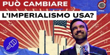 Profilo di New York con cielo a stelle e strisce. Zohran Mamdani in primo piano