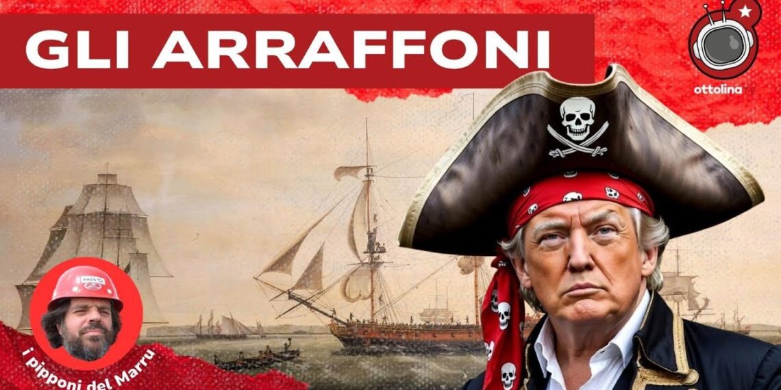 Quadro con velieri antichi. Donald Trump con abiti settecenteschi in primo piano