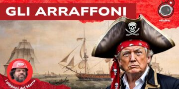 Quadro con velieri antichi. Donald Trump con abiti settecenteschi in primo piano