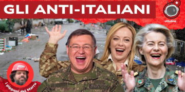 Strada cittadina piena di rifiuti. Valdis Dombrovskis, Giorgia Meloni e Ursula von der Leyen in divisa militare in primo piano