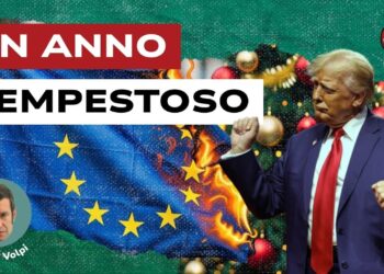 Albero di Natale e bandiera dell'Ue in fiamme. Donald Trump in primo piano