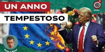 Albero di Natale e bandiera dell'Ue in fiamme. Donald Trump in primo piano