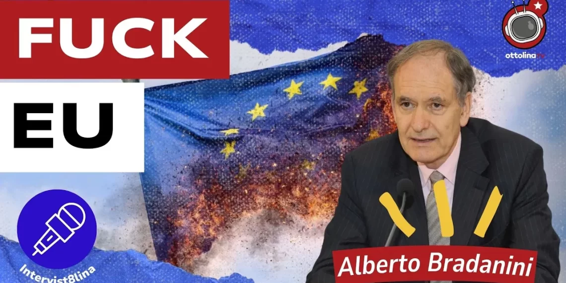 Bandiera dell'Ue bruciata. Alberto Bradanini in primo piano