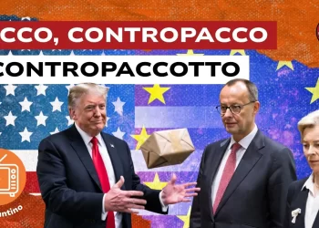 Bandiere USA e Ue. Donald Trump con un pacco, Friedrich Merz e Ursula von der Leyen in primo piano