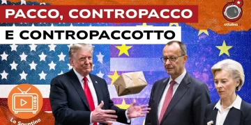 Bandiere USA e Ue. Donald Trump con un pacco, Friedrich Merz e Ursula von der Leyen in primo piano