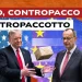 Bandiere USA e Ue. Donald Trump con un pacco, Friedrich Merz e Ursula von der Leyen in primo piano