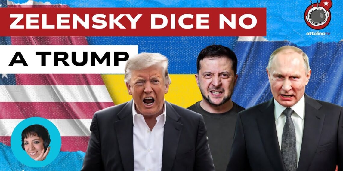 Bandiere americana, ucraina e russa. Donald Trump, Volodymyr Zelensky e Vladimir Putin in primo piano