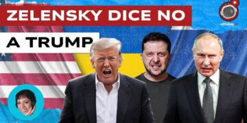 Bandiere americana, ucraina e russa. Donald Trump, Volodymyr Zelensky e Vladimir Putin in primo piano