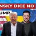 Bandiere americana, ucraina e russa. Donald Trump, Volodymyr Zelensky e Vladimir Putin in primo piano